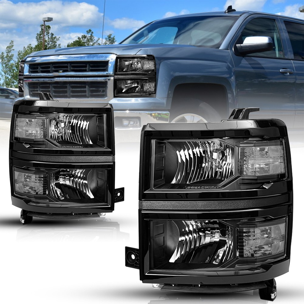 For 2014-2015 Chevy Silverado 1500 Black Headlights Headlamps Left+Right Sets