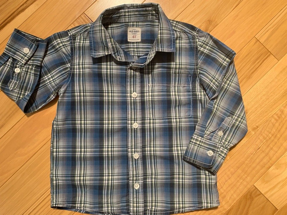 OLD NAVY Blue & Gray Button Front Long Sleeve Shirt Sz 4T Toddler Boy Plaid
