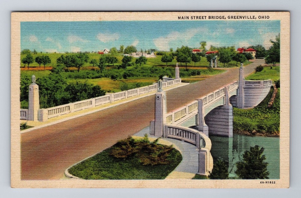 Greenville OH-Ohio, Main Street Bridge, Antique Vintage Souvenir Postcard