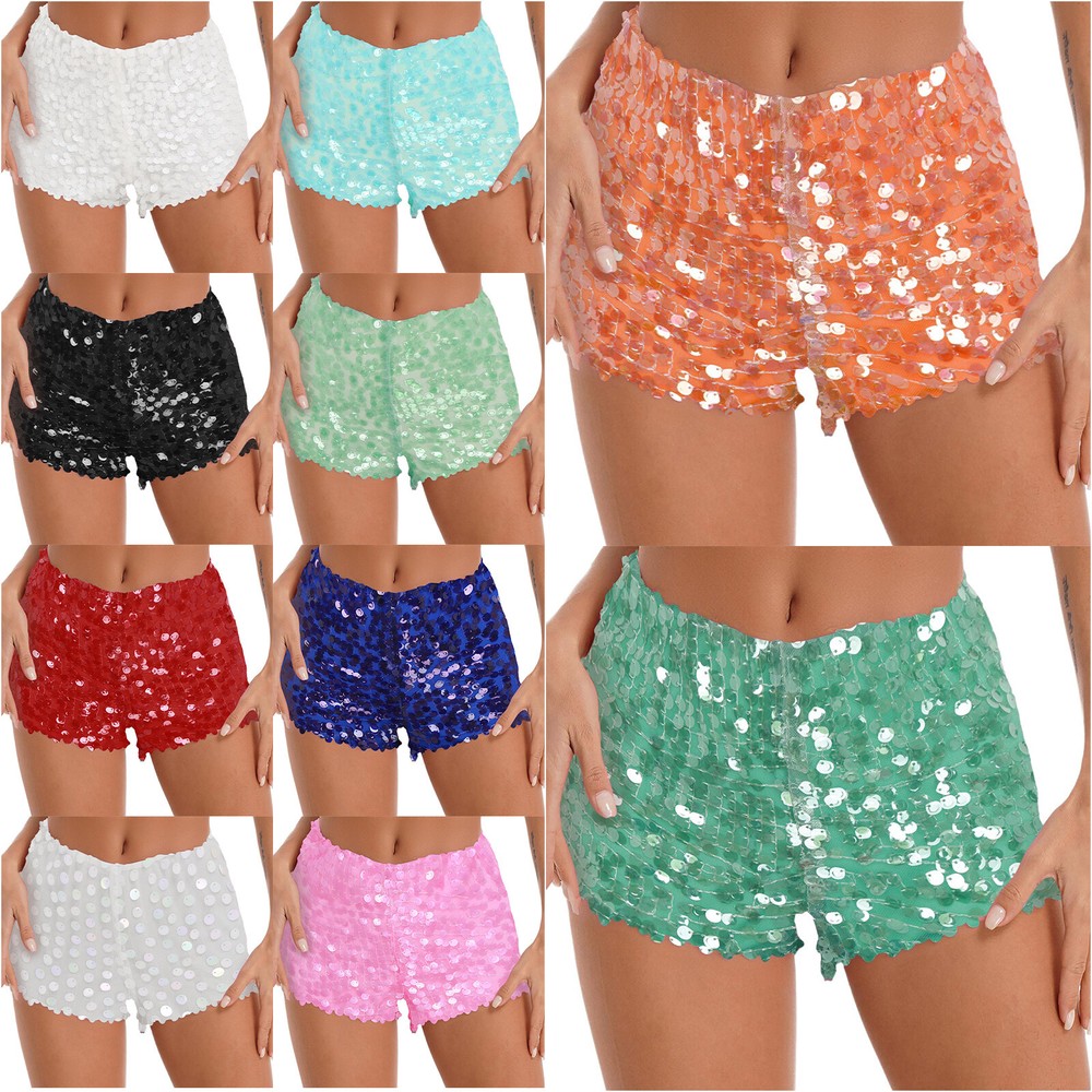 Women's Shiny Sequin High Waist Shorts Side Zipper Booty Shorts Clubwear Panties