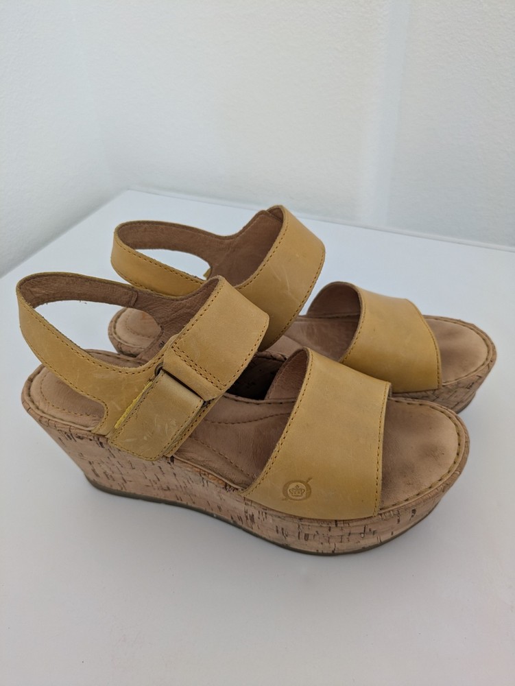 Born Leather Platform Mae Strappy Sandals Cork Wedge Heel Women's Size 6M Yellow