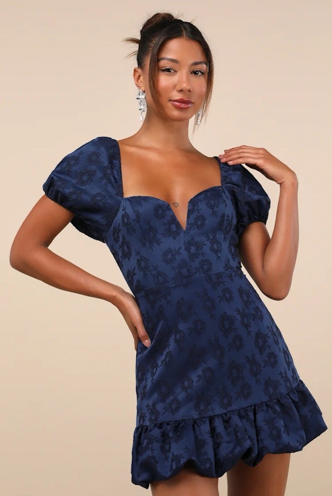 Lulu’s NWT Navy Blue Jacquard Floral Puff Sleeve Mini Dress XL (Fit Medium +)