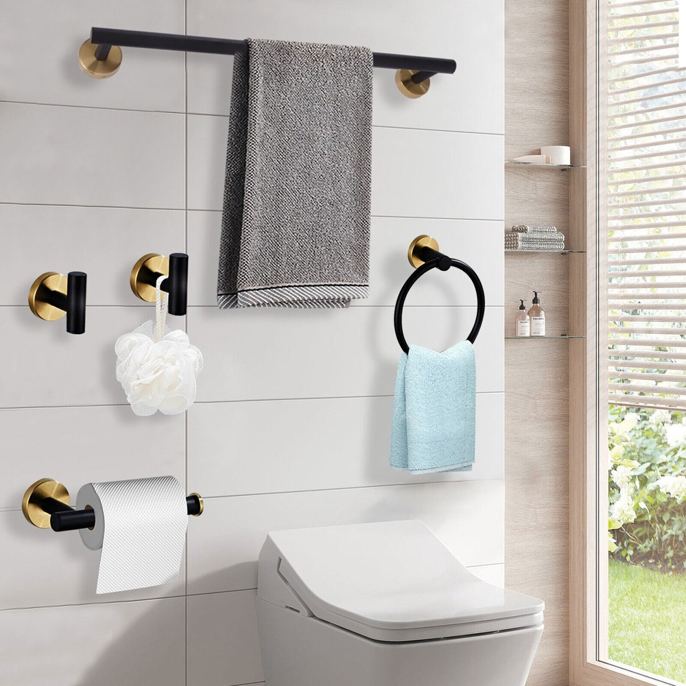 5-Piece 304 Stainless Steel Bathroom Towel Rack Set in Black and Gold