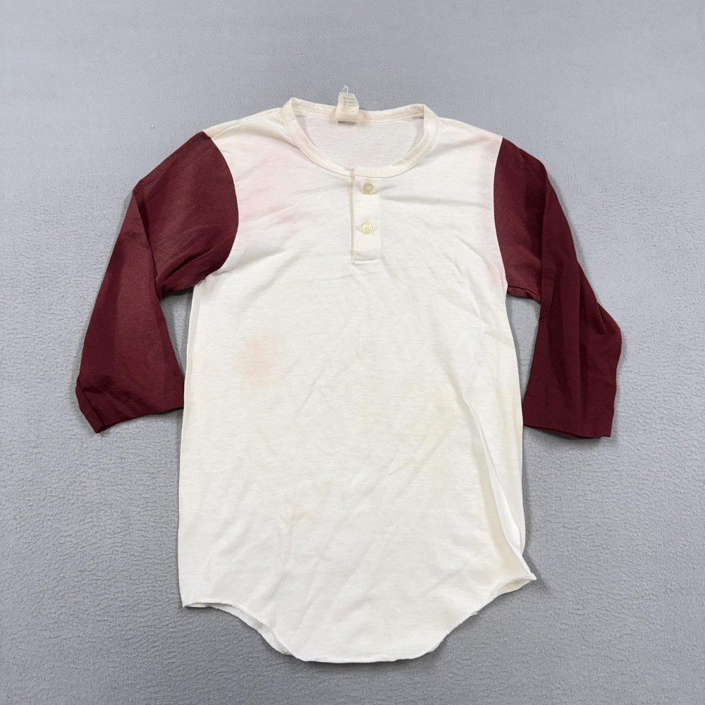 Vintage Sport-T Shirt Mens Small White Maroon Henley 3/4 Sleeve Baseball Tee USA
