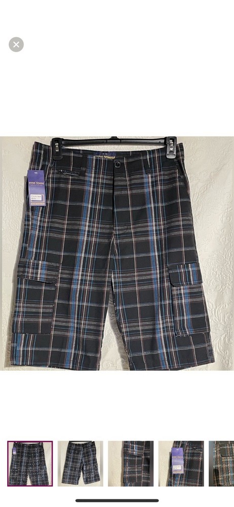 Eddie Domani Mens Bermuda Shorts Size 34 Black Plaid 55% Ramie 45% Cotton EUC