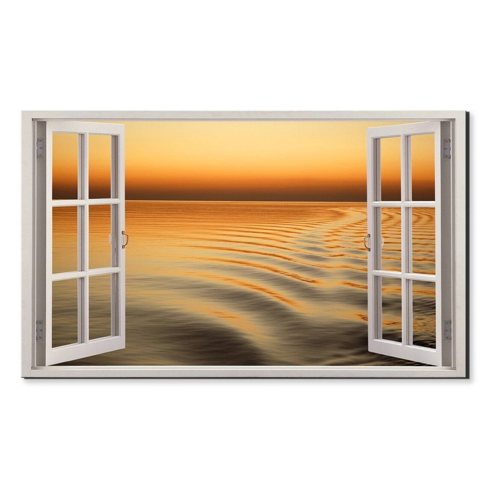 Golden Ocean At Sunset Windmills Window View Wall Art Canvas Unframed Print Art