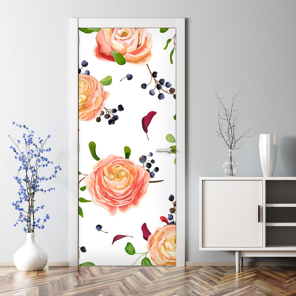 Roses Berries Bubble-Free Door Sticker Floral Leaf Decal Home Decor
