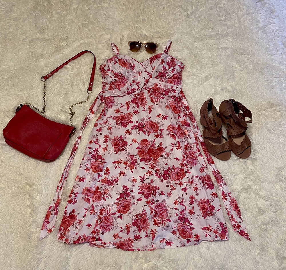 B.Moss Women Spaghetti Sleeveless EmpireWaist Midi Dress White Red Pink Floral S