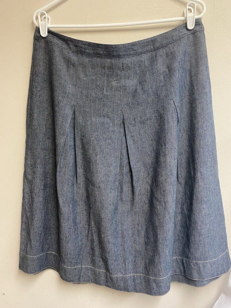 Talbots Blue Denim Linen Cotton Pleated A-Line Knee Skirt 12 Zip