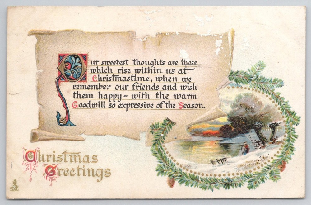 Raphael Tuck Christmas Greetings Postcard 1912 Embossed Winter Scene