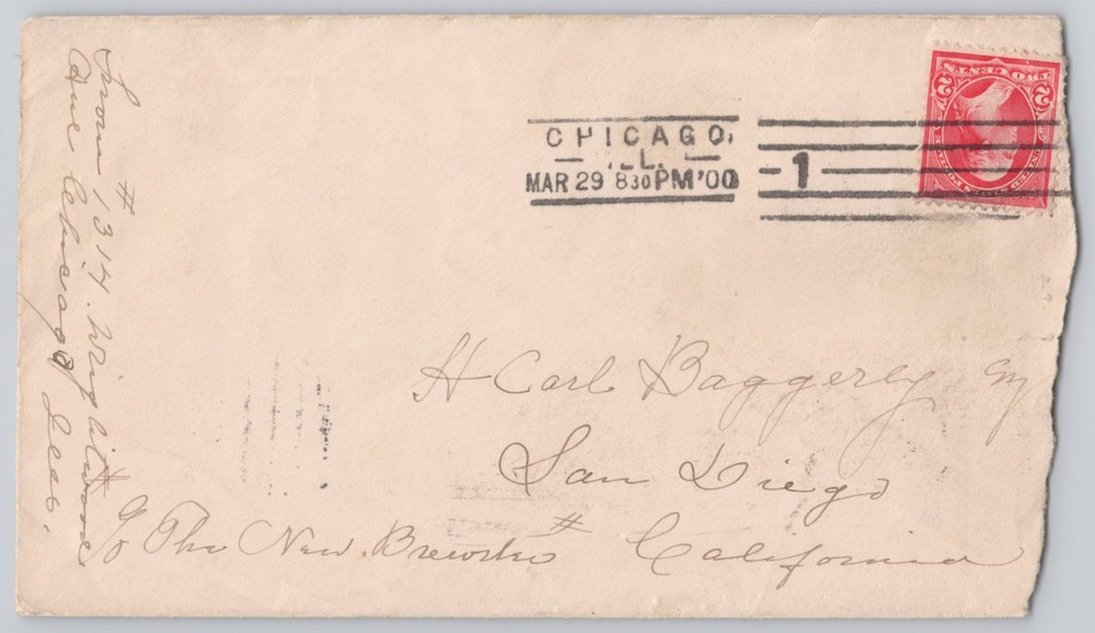 Chicago, IL to San Diego, CA, Addressed Card with 2c Stamp, Un