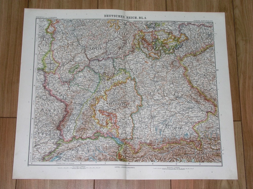 1912 Map Of Southern Germany Munich German Alsace Lorraine Bavaria Baden