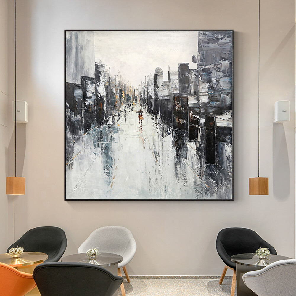 Modern Abstract Urban Architectural Landscape Oil Painting Handmade White Black
