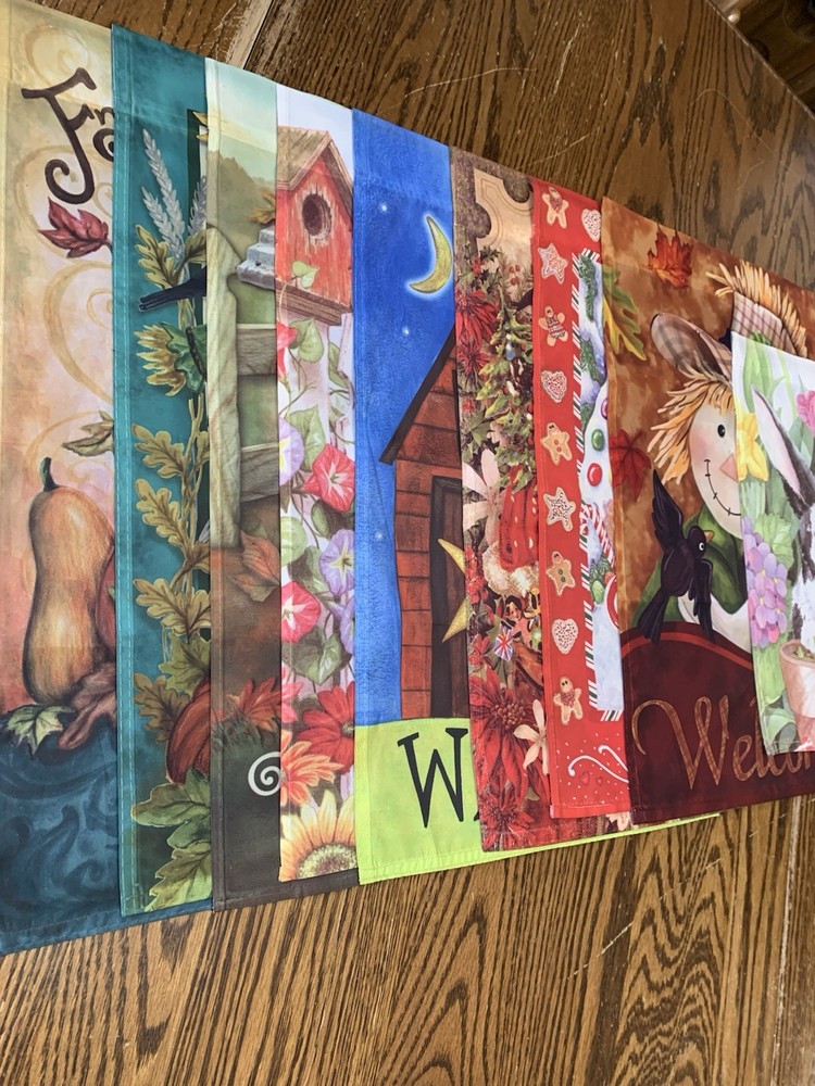 Garden Flag Lot Of ~9 Holiday/ Season Themed Flags! Scarecrow! Easter Bunny!