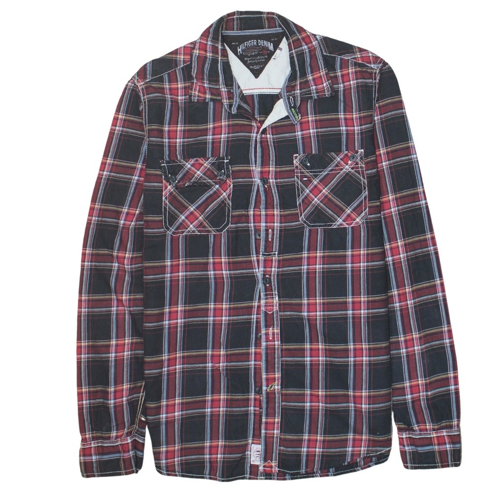 Tommy Hilfiger Womens flannel shirt red navy plaid button front chest pockets L