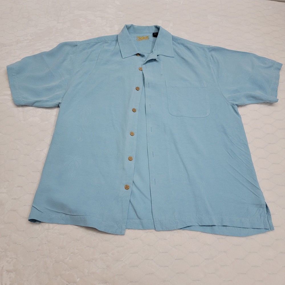 Eagle Dry Goods 100% Silk Hawaiian Camp Shirt Mens Large Blue Palm Tree AS-IS