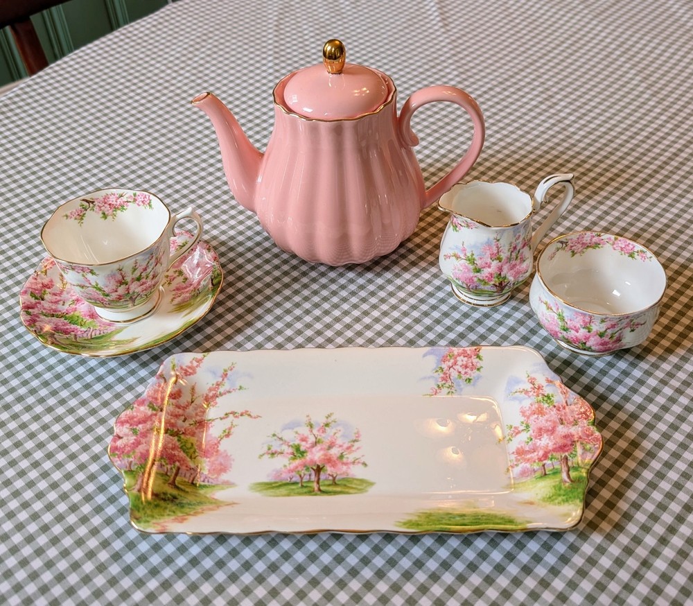 Royal Albert Blossom Time Tea Set with Tray, Teapot, Creamer, Cup, Saucer, and Sugar Bowl