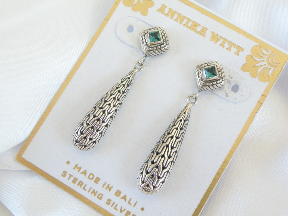 Sterling Silver 925 Unique Annika Witt Lab CreateTeal Tourmaline Dangle Earrings
