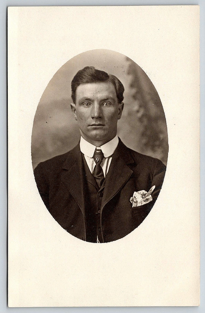 Vintage Picture Photo Postcard Photograph Man Suit Coat Tie Hair Oval RPPC