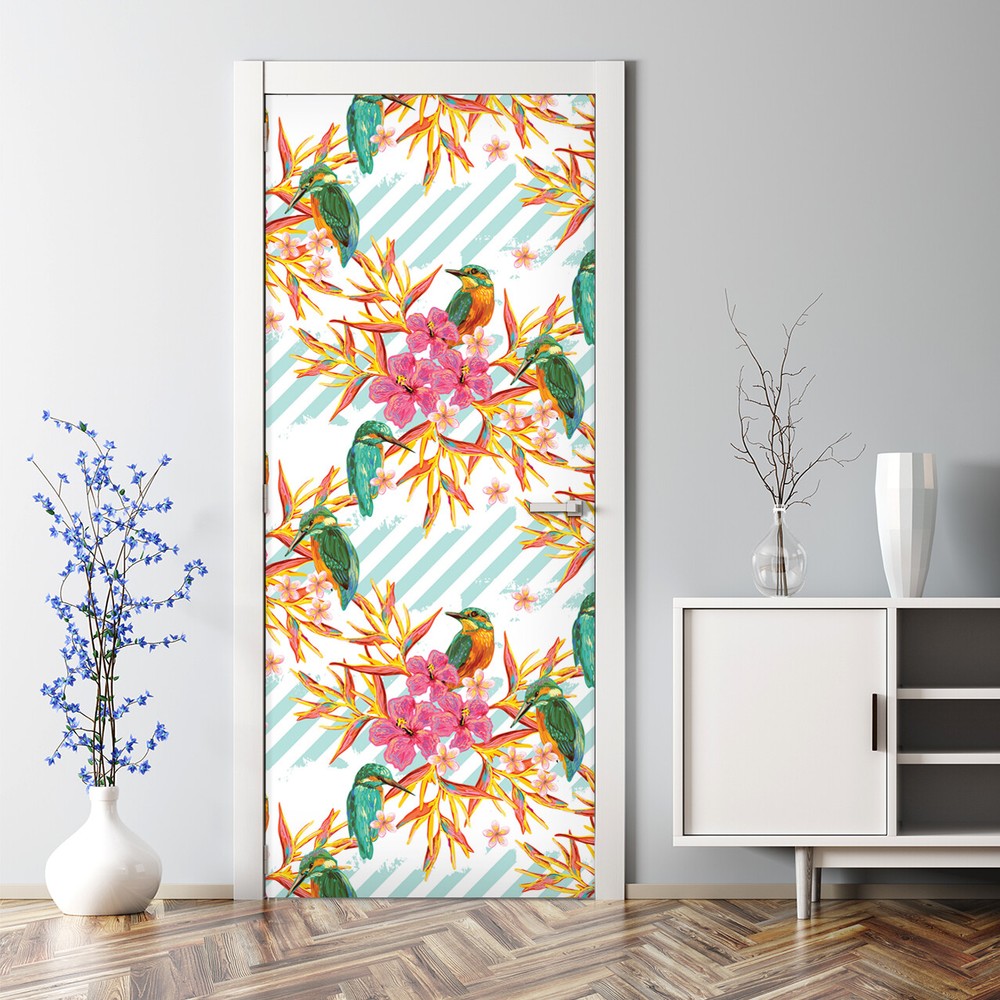 Blue Summer Birds Bubble-Free Self-Adhesive Door Mural Sticker