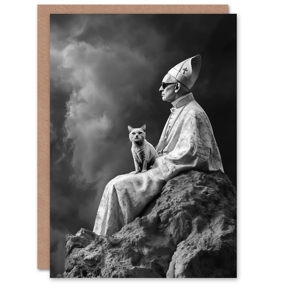 Cat Lover Pope Sunglasses Black White Surreal Birthday Greeting Card
