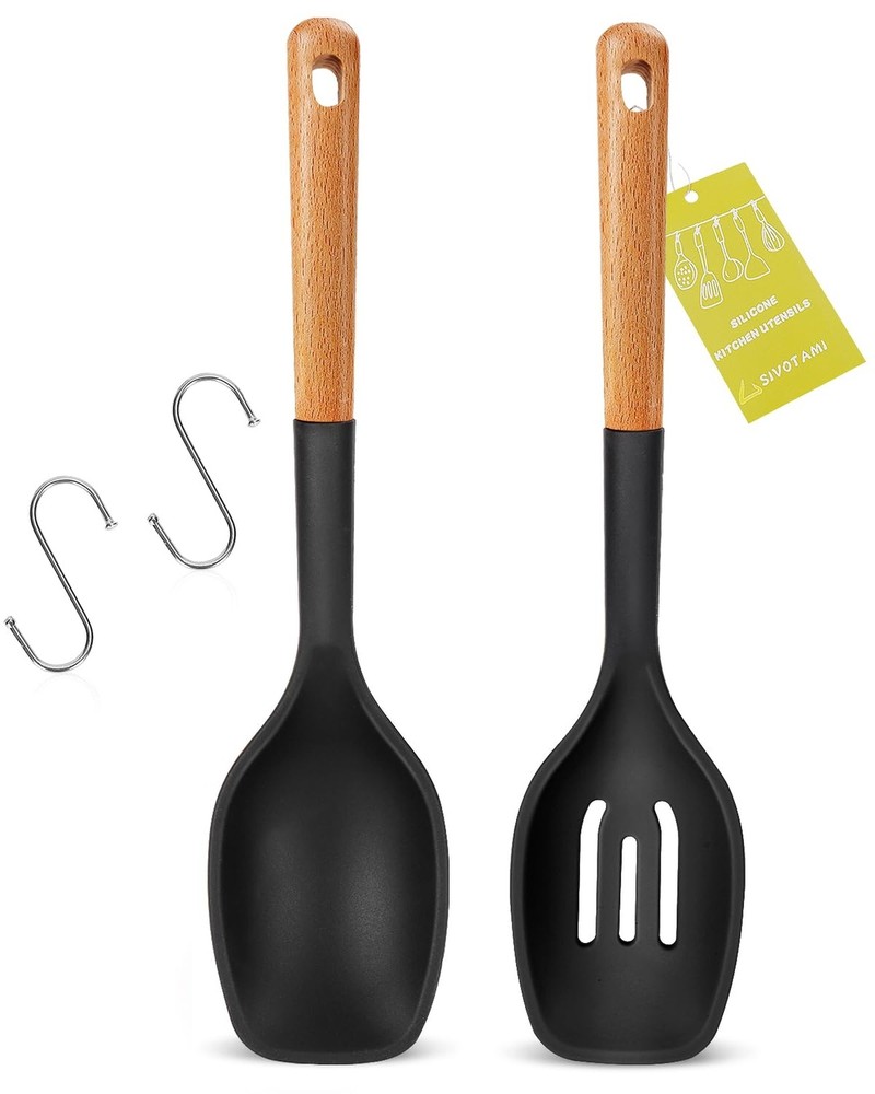 Silicone Spoons for Cooking, Large Slotted Solid Spoon, Heat Resistant Skimme...