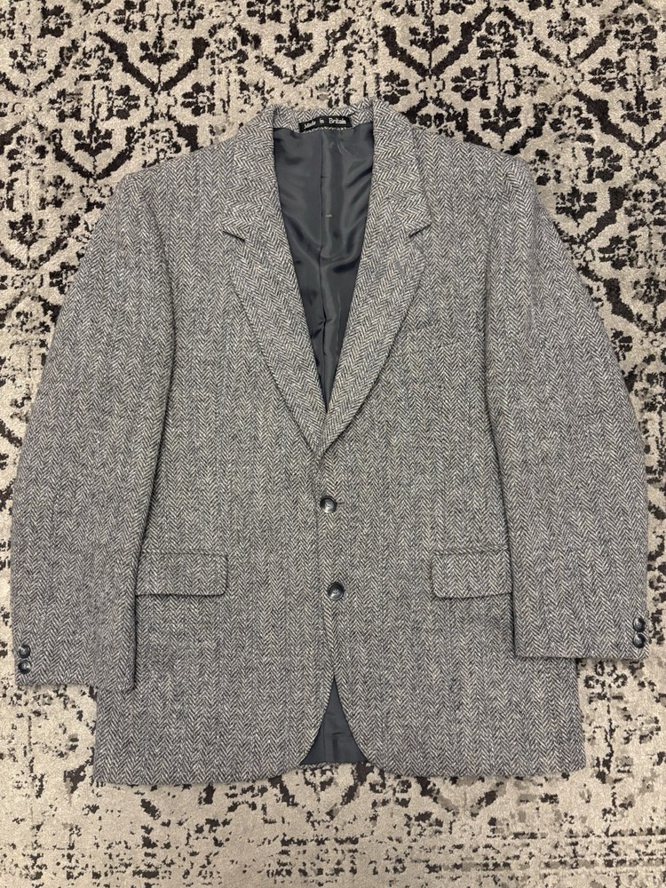 VTG Dunn & Co Harris Tweed Sport Coat Mens 40 Gray Herringbone Wool Blazer