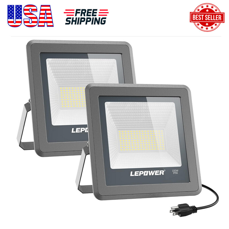 Waterproof Outdoor Floodlight 100W LED Flood Light, 10000lm Work Light w/ Plug