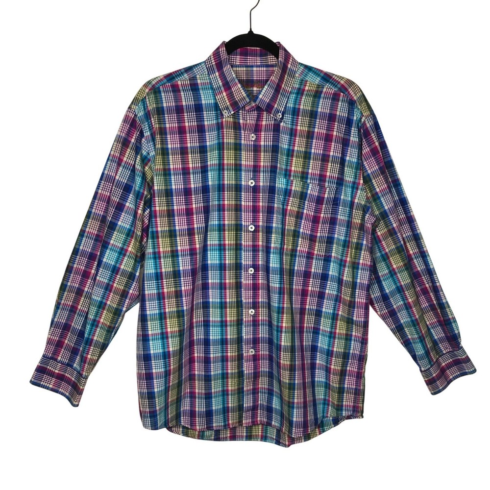 Alan Flusser Plaid Button Down Shirt Mens Medium Multicolor Cotton Long Sleeve