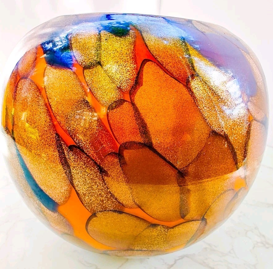 Hand Blown Multicolor Art Glass Vase Mosaic Patchwork Design Round 7”
