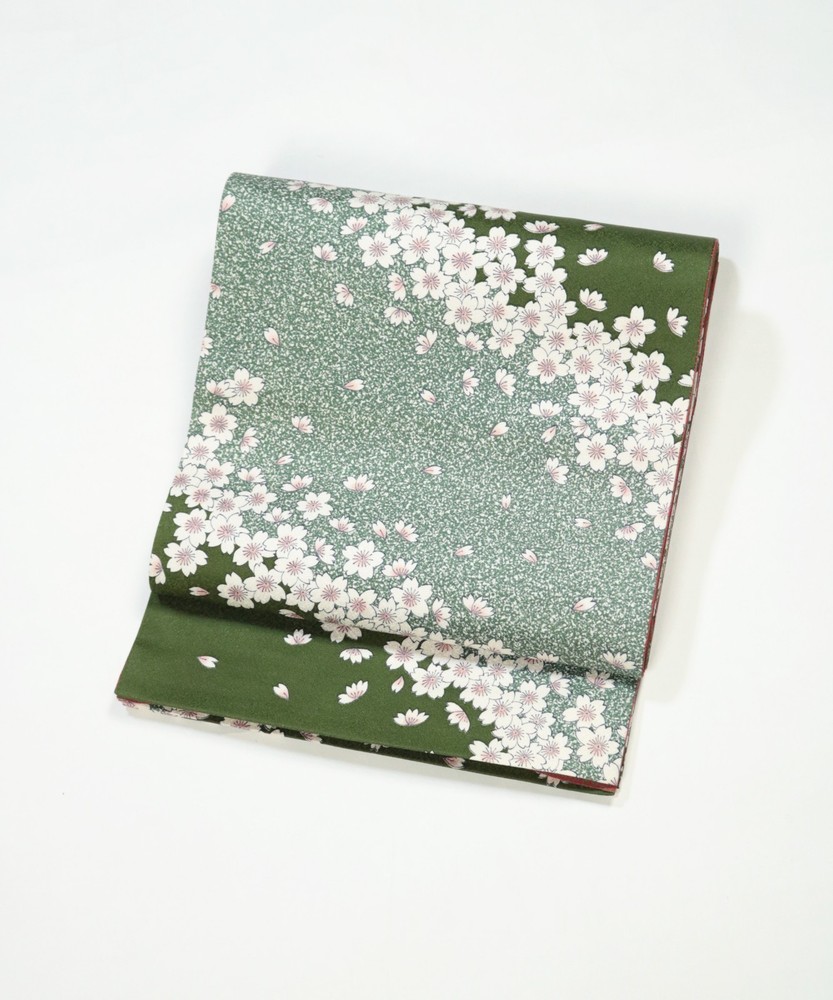 Vintage Silk Fukuro Obi: Yuzen Sakura Pattern, Reversible Green Floral 2603237