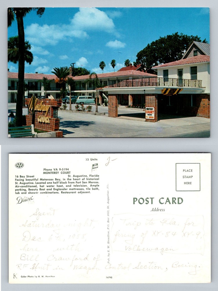 St Augustine, FL-Florida, Monterey Court Matanzas Bay Motel Postcard