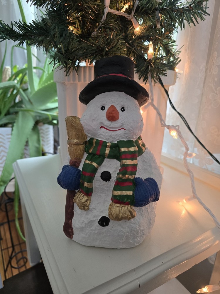 Vintage Painted Resin Snowman  Figurine w/ Striped Scarf & Broom 8.5 