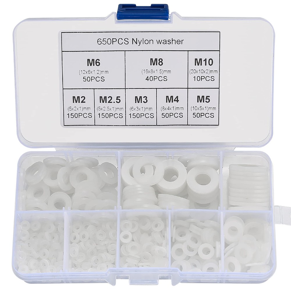 YOUYIDUN-650 Pcs White Nylon Flat Washer Assortment Kit Round Flat Nylon Wash...