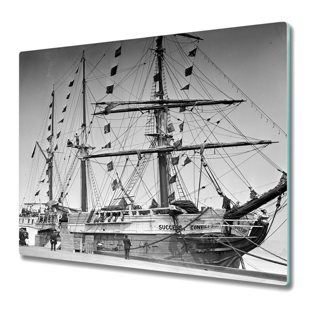 Tempered Glass Chopping Cutting Board Black and White Ship Vintage Old 60x52