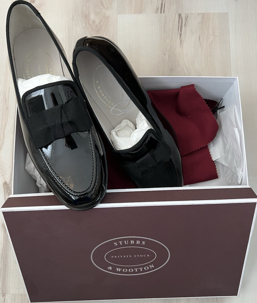 Stubbs & Wootton Private Stock Black Patent Leather Bow Loafers Men's 9.5
