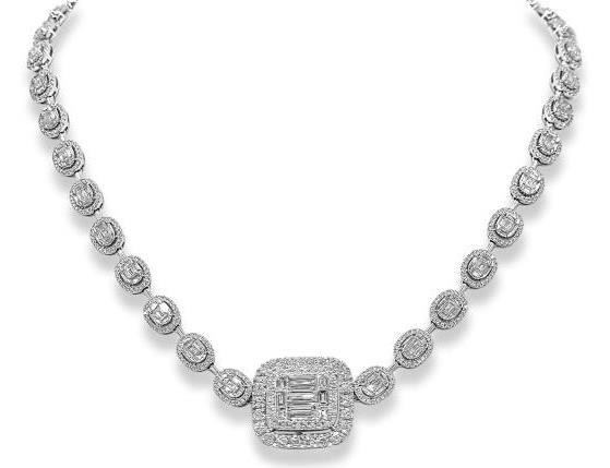 Extra Large 10.61Ct Diamond 18Kt White Gold 3D Round & Baguette Square Necklace