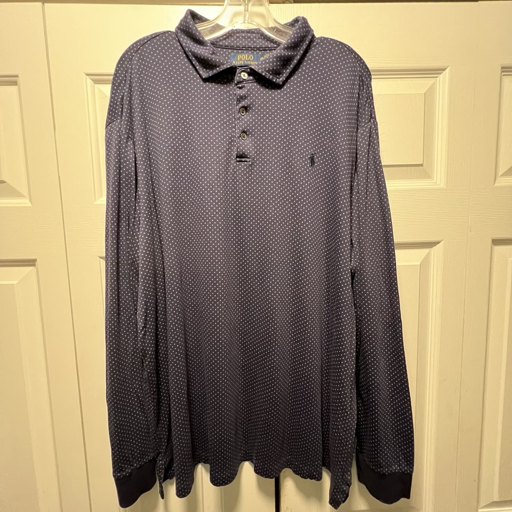 Polo Ralph Lauren Custom Slim Fit Long Sleeve Polo Shirt Men XXL Blue Polka Dot