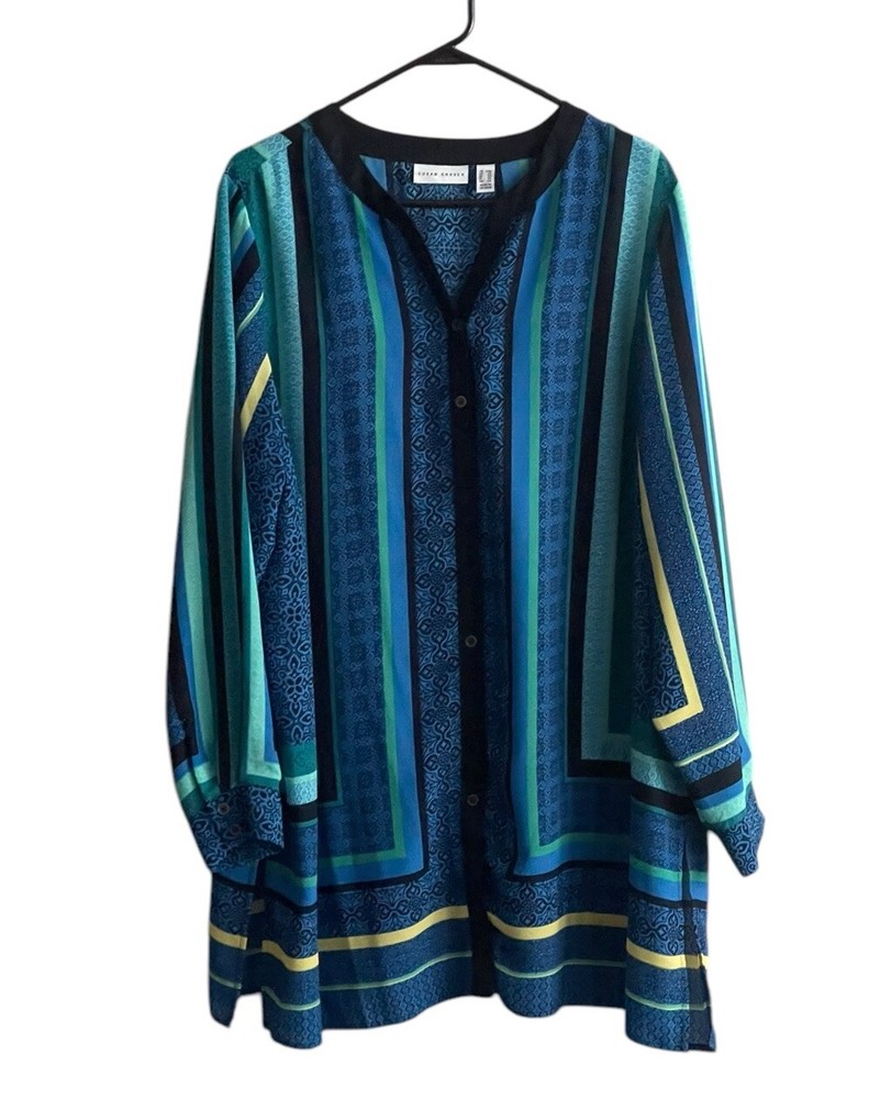 Susan Graver Women Tunic Top 20W Button Front Striped Blue Multicolor V-neck