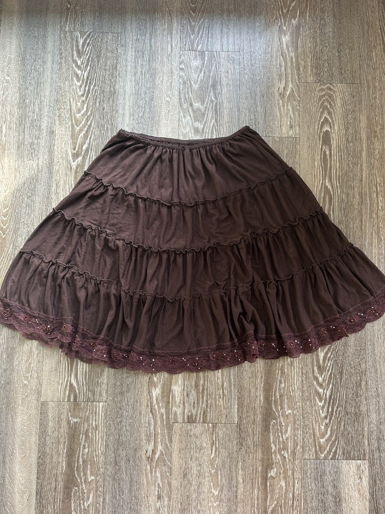 VTG Joe Benbasset Tiered Ruffle Brown Lace Beaded Skirt Sz M Y2K Fairy Whimsy