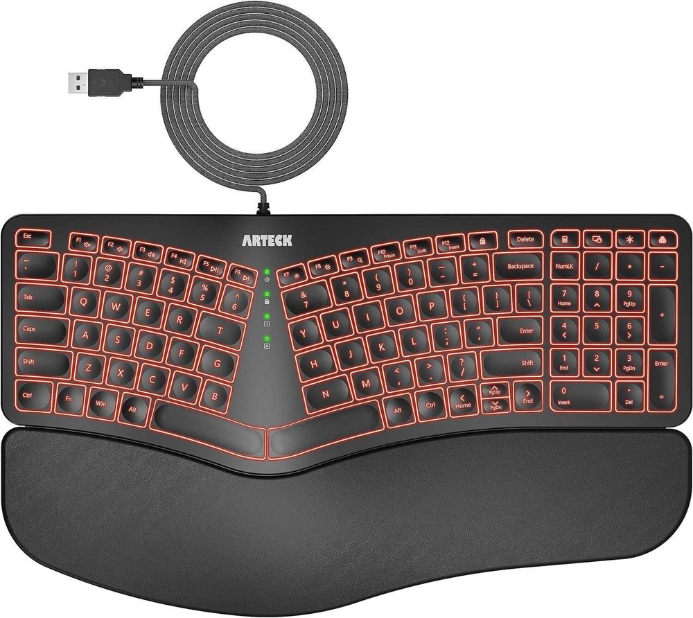 Ergonomic USB Wired Keyboard - Backlit, Wrist Rest, Natural Split - 6ft Cable