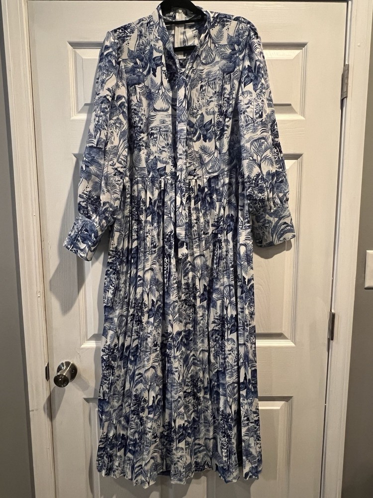 SHEIN Maxi Dress 2XL Plus Blue White Floral Long Sleeve Button Front