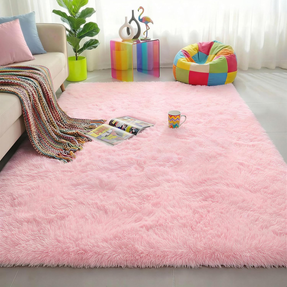 Pink Area Rugs for Bedroom Girls, Living Room Decor, Fluffy Fuzzy Shag Rug 4X6 f