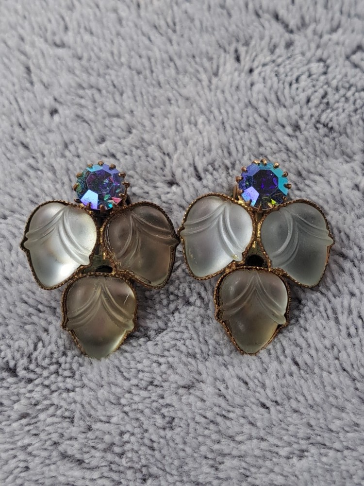 Vintage Clip-On Earrings Frosted Molded Glass AB Rhinestones