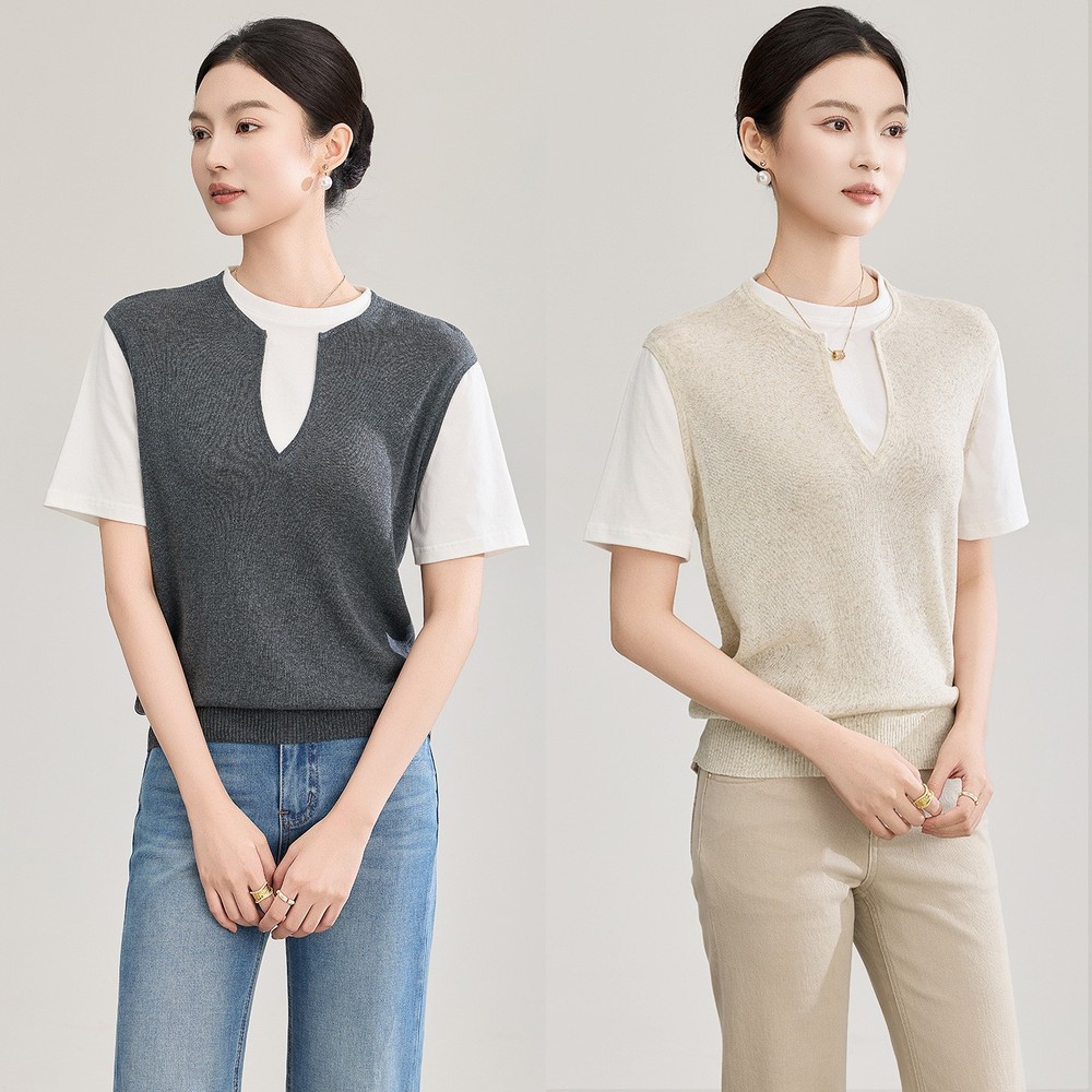 Spring Women's Wool Linen Short Sleeved Blouse Pullover Slim Casual Knitted Tops