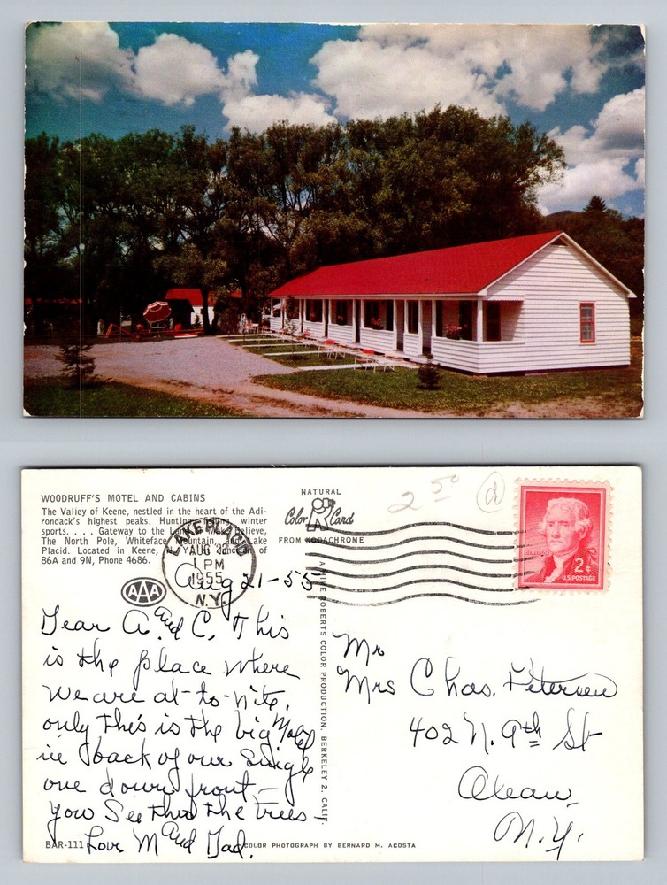 Keene, NY-New York, Woodruff's Motel & Cabins Adirondacks Vintage c1955 Postcard