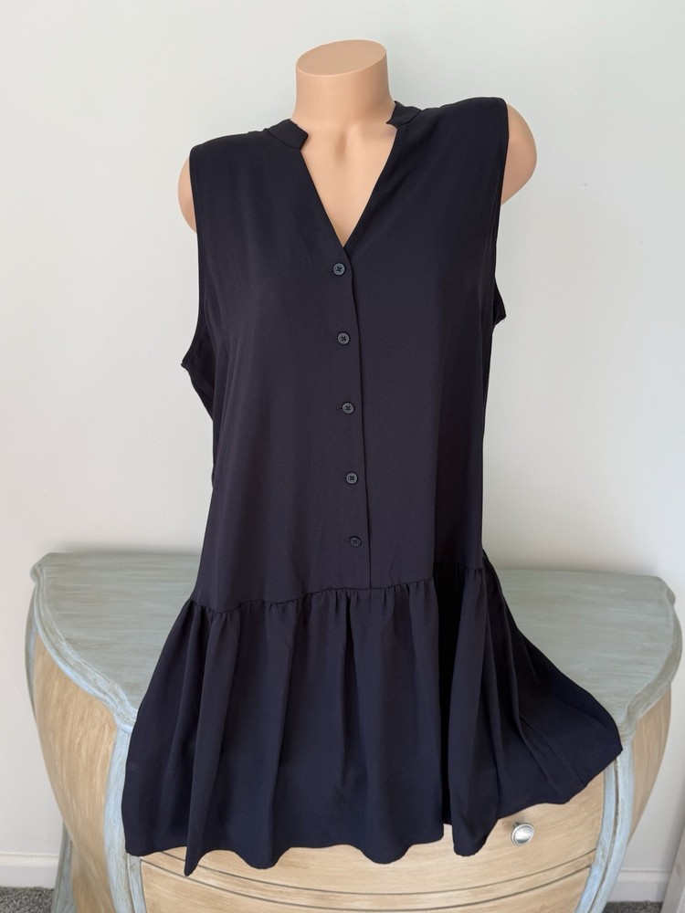 Nine West Shirt Dress XL Solid Black Sleeveless Button Ruffle Hem Drop Waist V