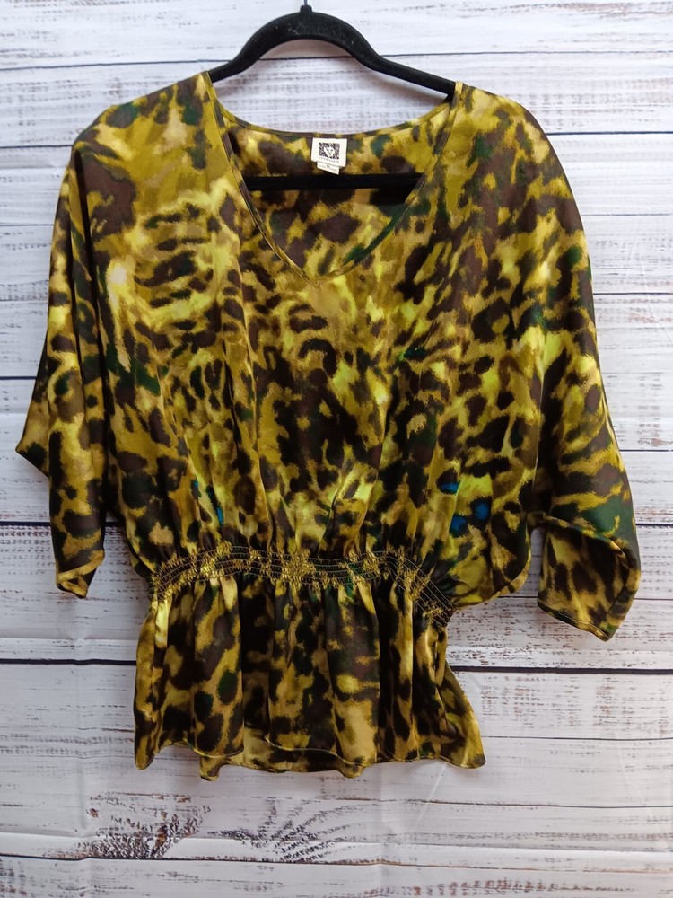 Anne Klein Blouse Women's Medium Animal Print V-Neck Dolman Sleeve