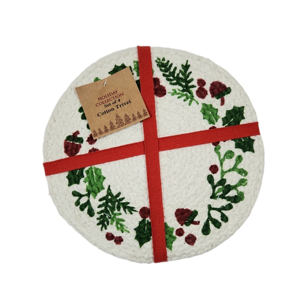 Set Of 4 Cotton Trivet Holiday Collection Braided Christmas Accent Table Decor-image