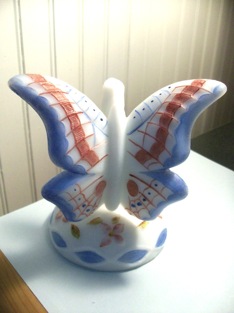 Vintage FENTON white matte milkglass butterfly on branch Hand Pntd K Sponsler